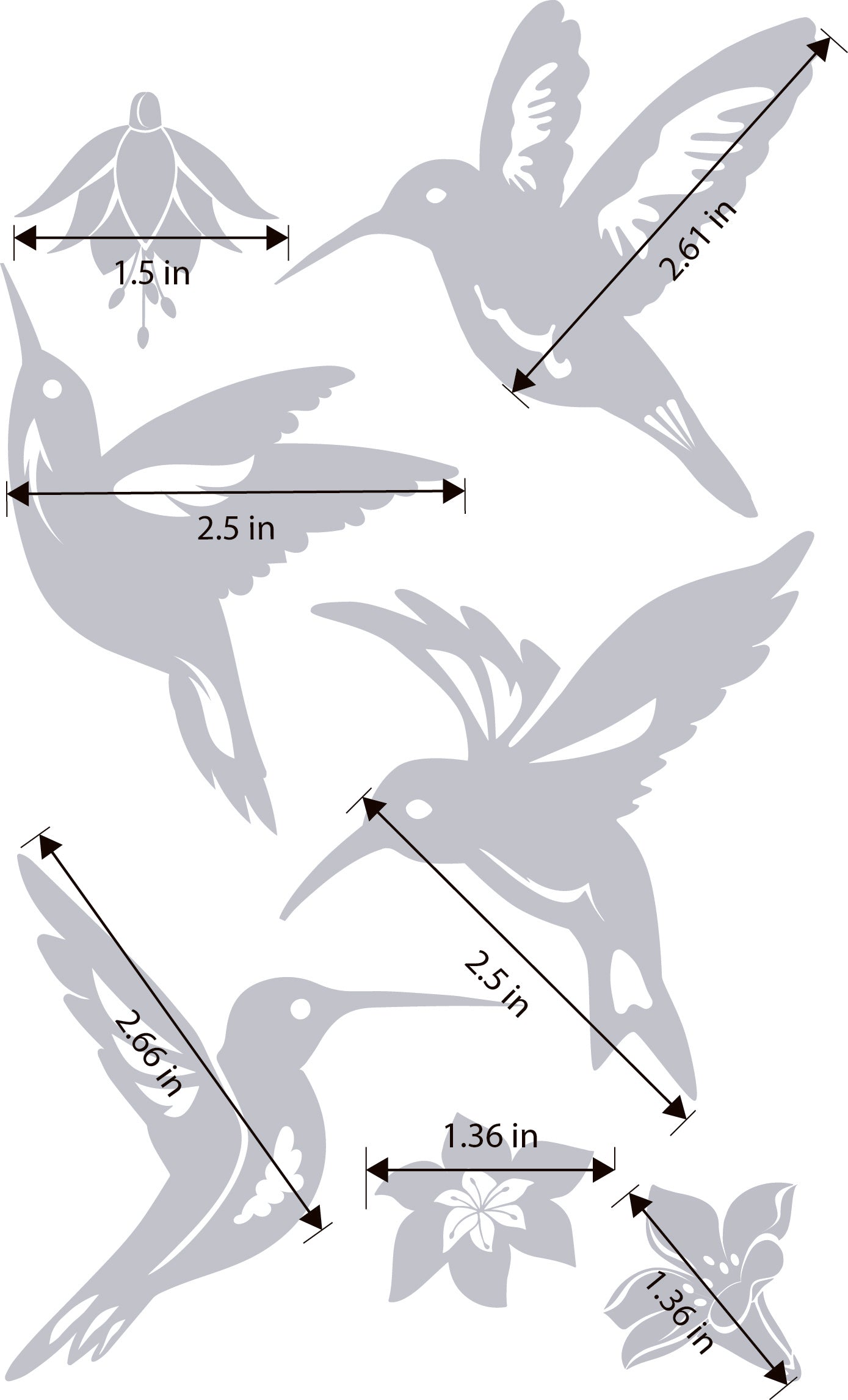 Dimensions of hummingbird-shaped wall decals with measurements indicated.