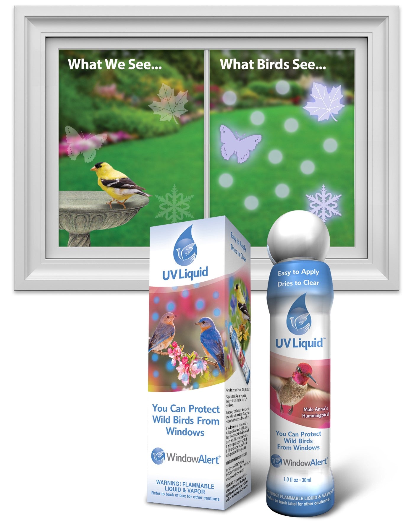 UV Liquid applied to window, what we see and what birds see. UV Liquid dots  on window.