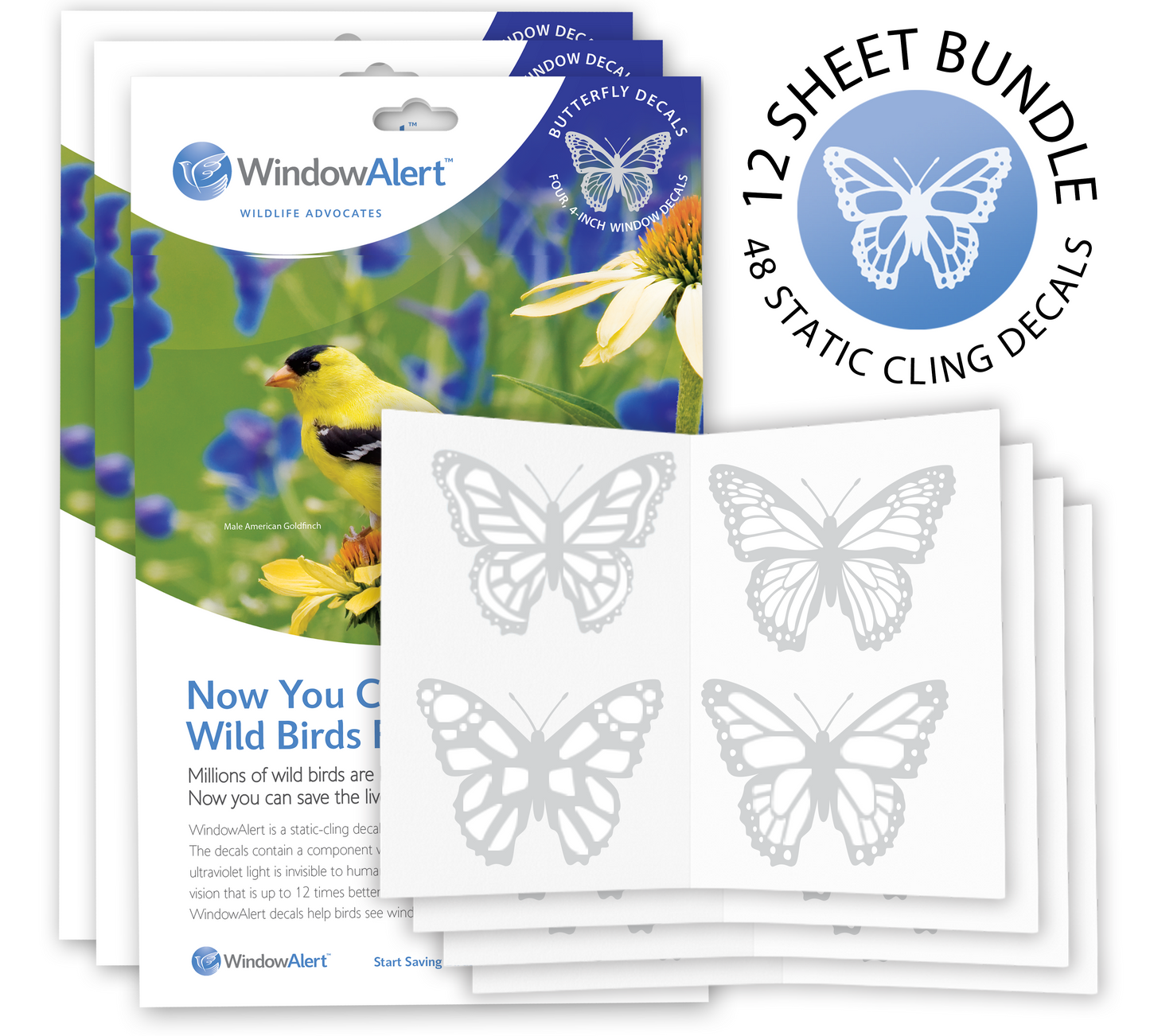 [Design: Butterfly] WindowAlert butterfly decals with packaging and a sheet of decals on a white background