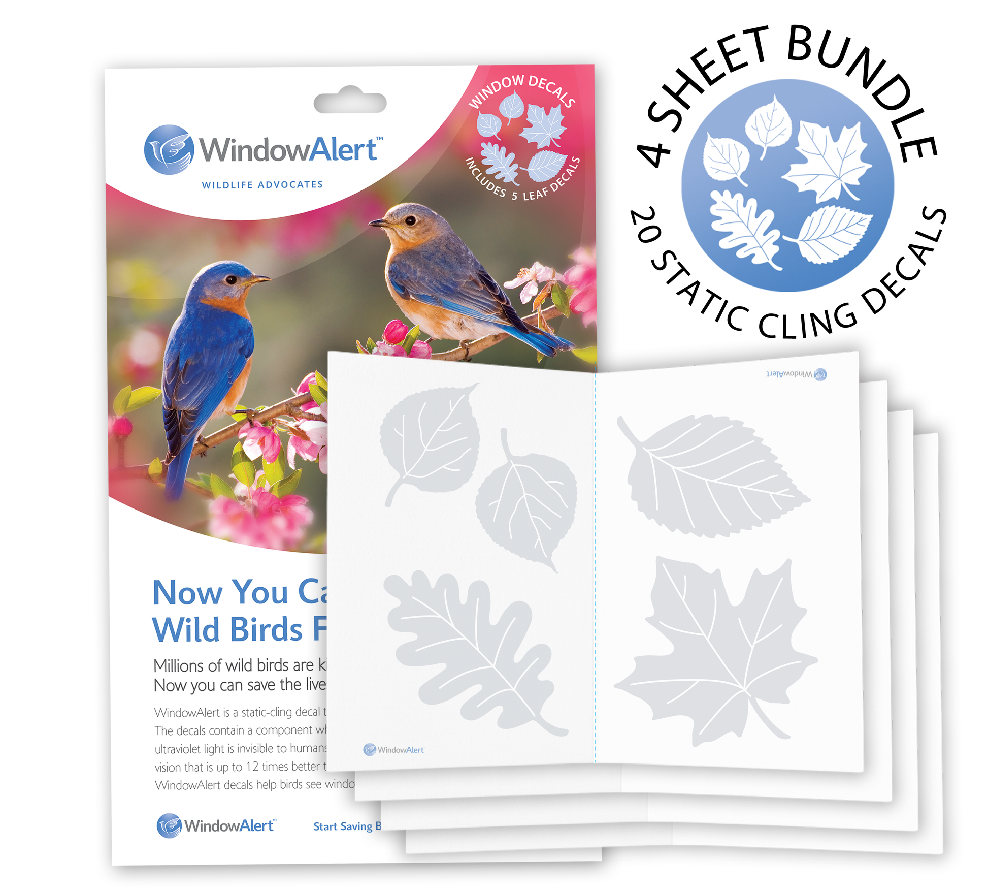 [Design: Leaf Medley] WindowAlert leaf decals with packaging featuring birds and nature-themed design.
