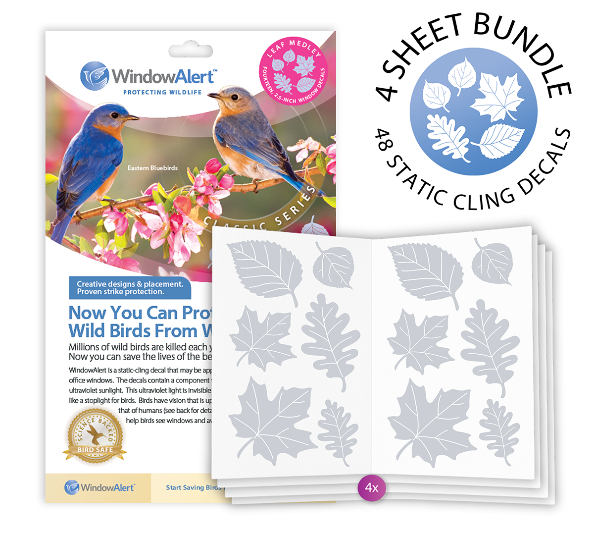 [Design: Leaf Medley] WindowAlert leaf decals with packaging featuring birds and nature-themed design.
