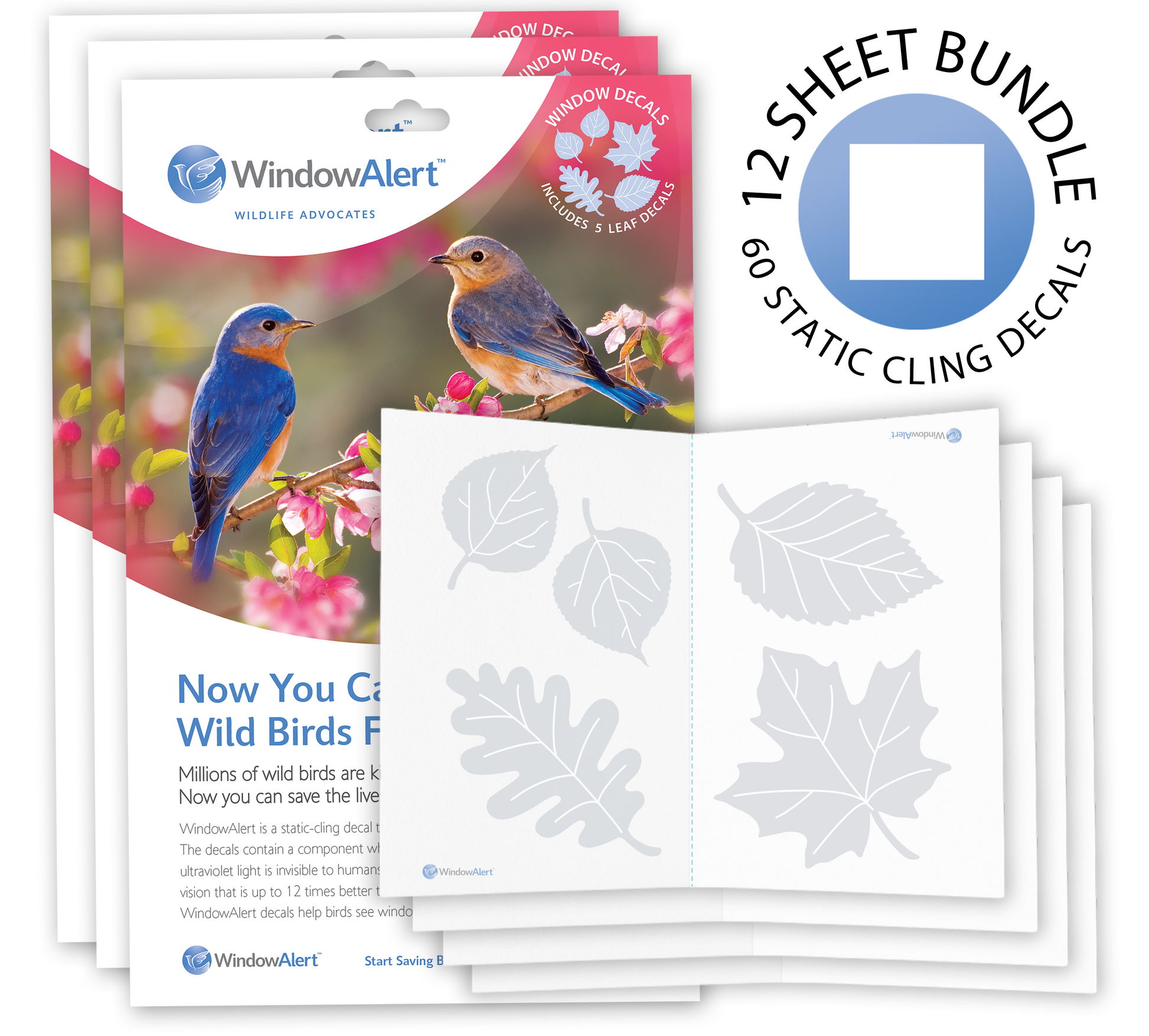 [Design: Leaf Medley] WindowAlert leaf decals with packaging and promotional text. 12 sheet bundle 