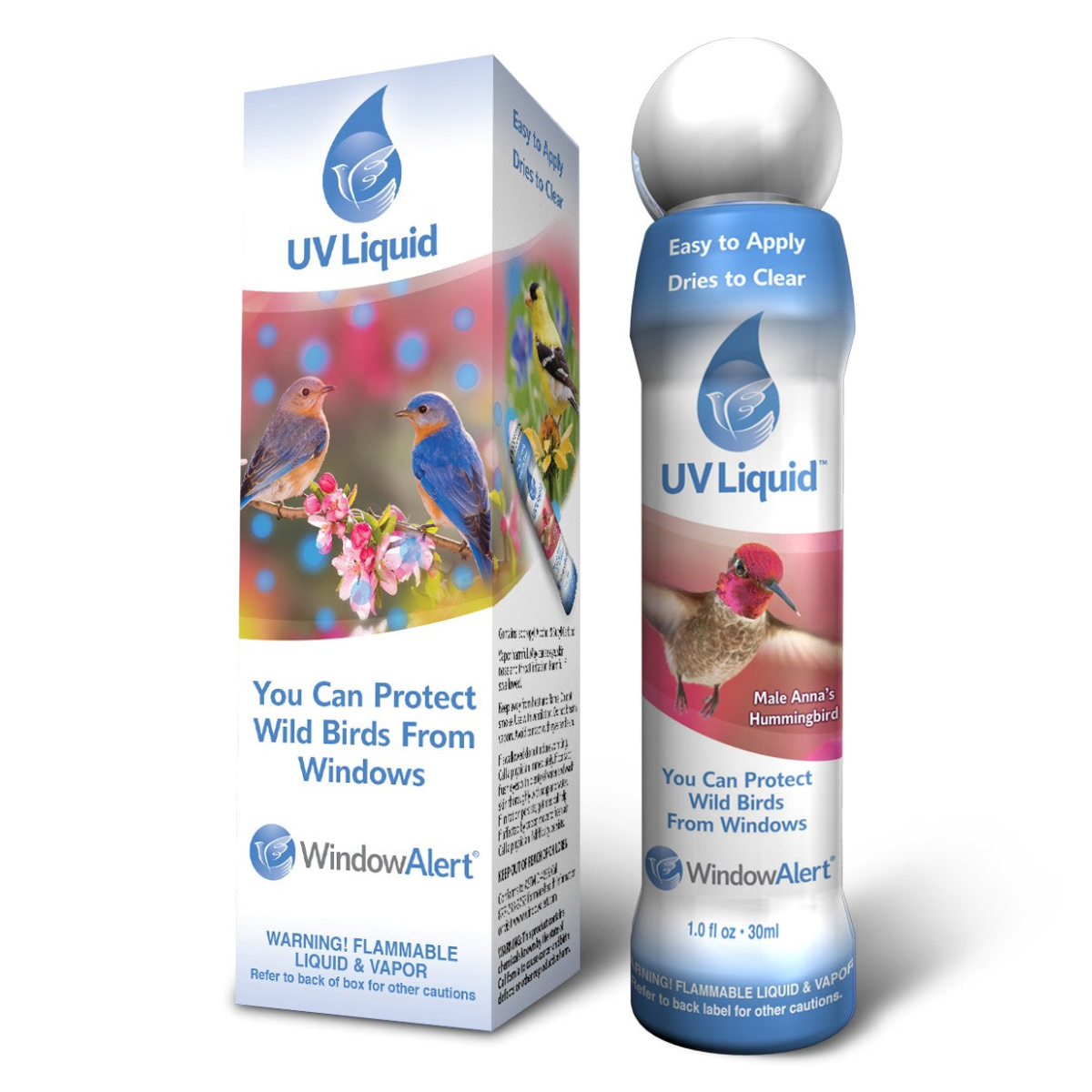 UV Liquid bird deterrent product with packaging on a white background. Reduces bird collisions.