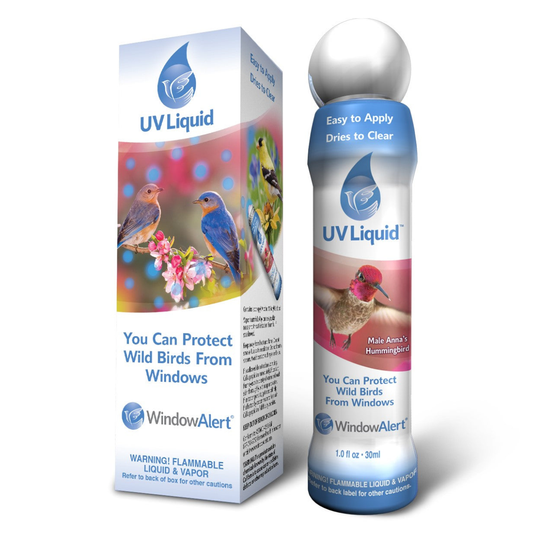 UV Liquid bird deterrent product with packaging on a white background. Reduces bird collisions.
